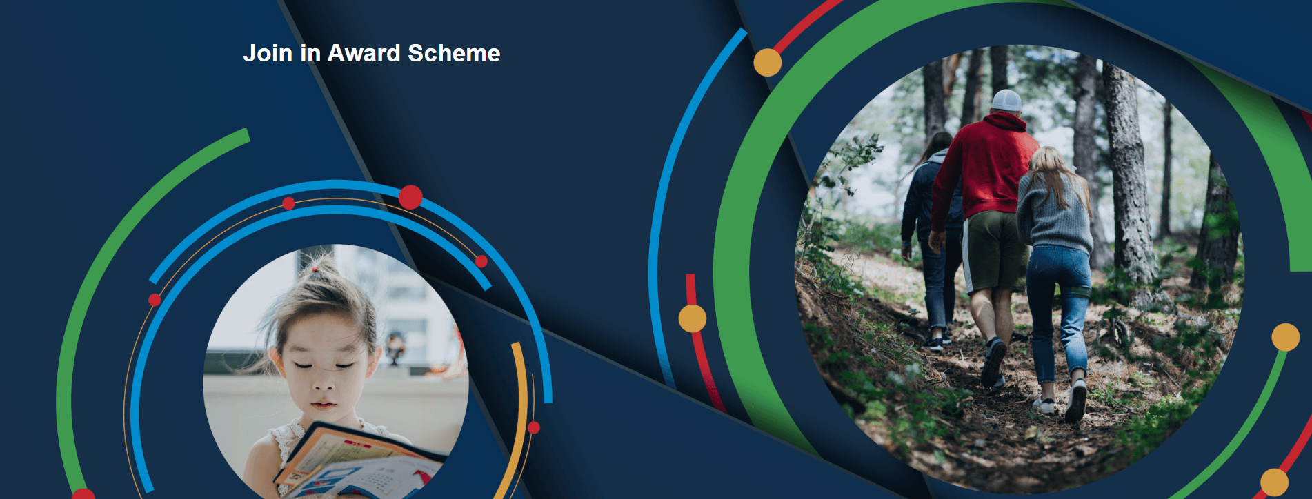 Join in Award Scheme banner — a young child reading and a family hiking through the forest